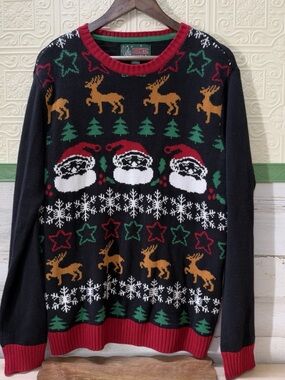 Ugly Christmas Sweater Christmas Sweater Reindeer Santa Crewneck in Black & Red
